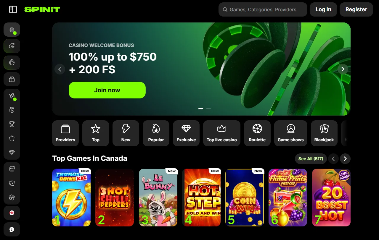 Spinit Casino Startseite mit Überblick über Spielkategorien und laufende Aktionen
