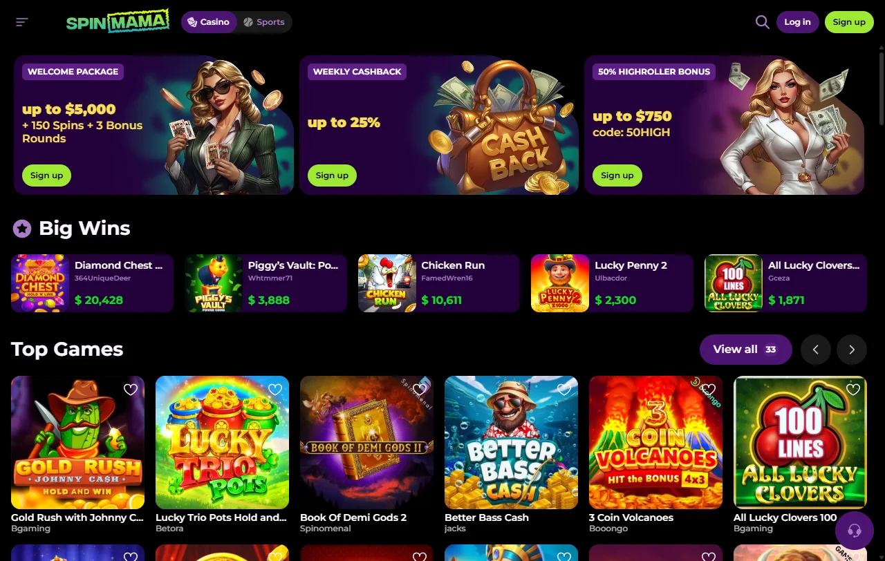 Überblick über Spinmama Casino mit Kontowährung CHF und Lizenzen aus Curaçao