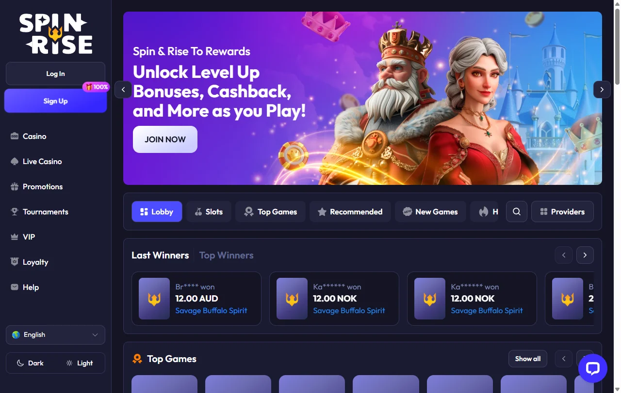 Spinrise Casino Startseite mit Überblick über Angebot und Kontowährung CHF