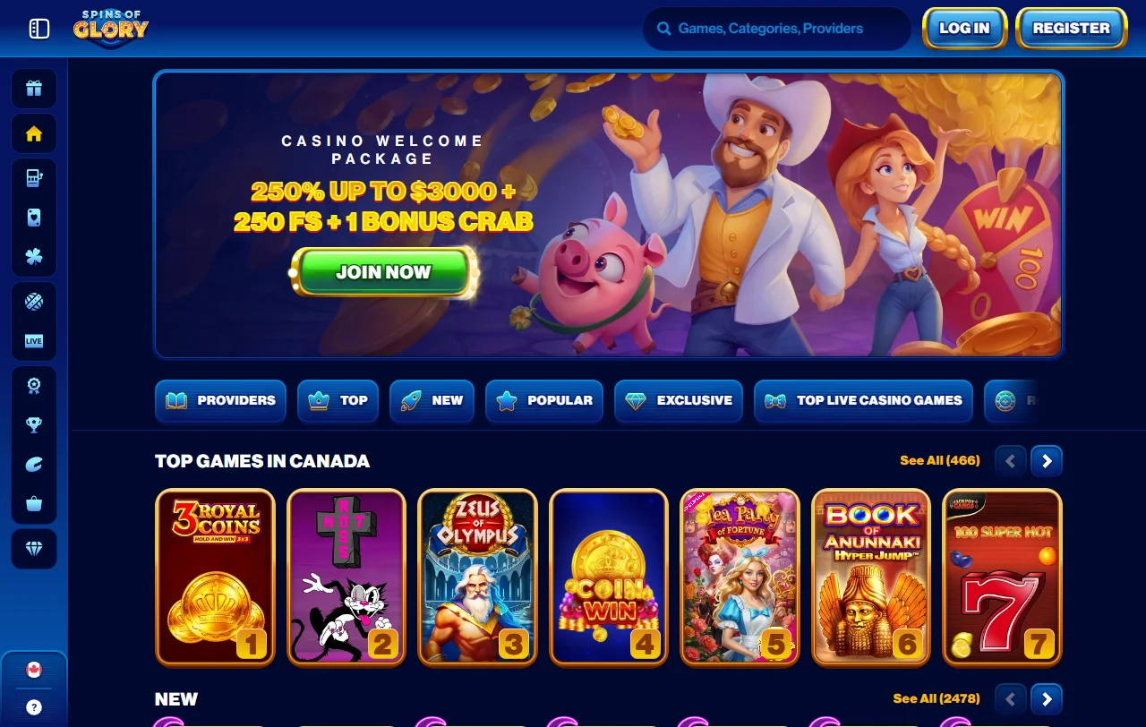 Spins of Glory Casino Startseite mit Überblick über Casino, Live Casino und Sportwetten