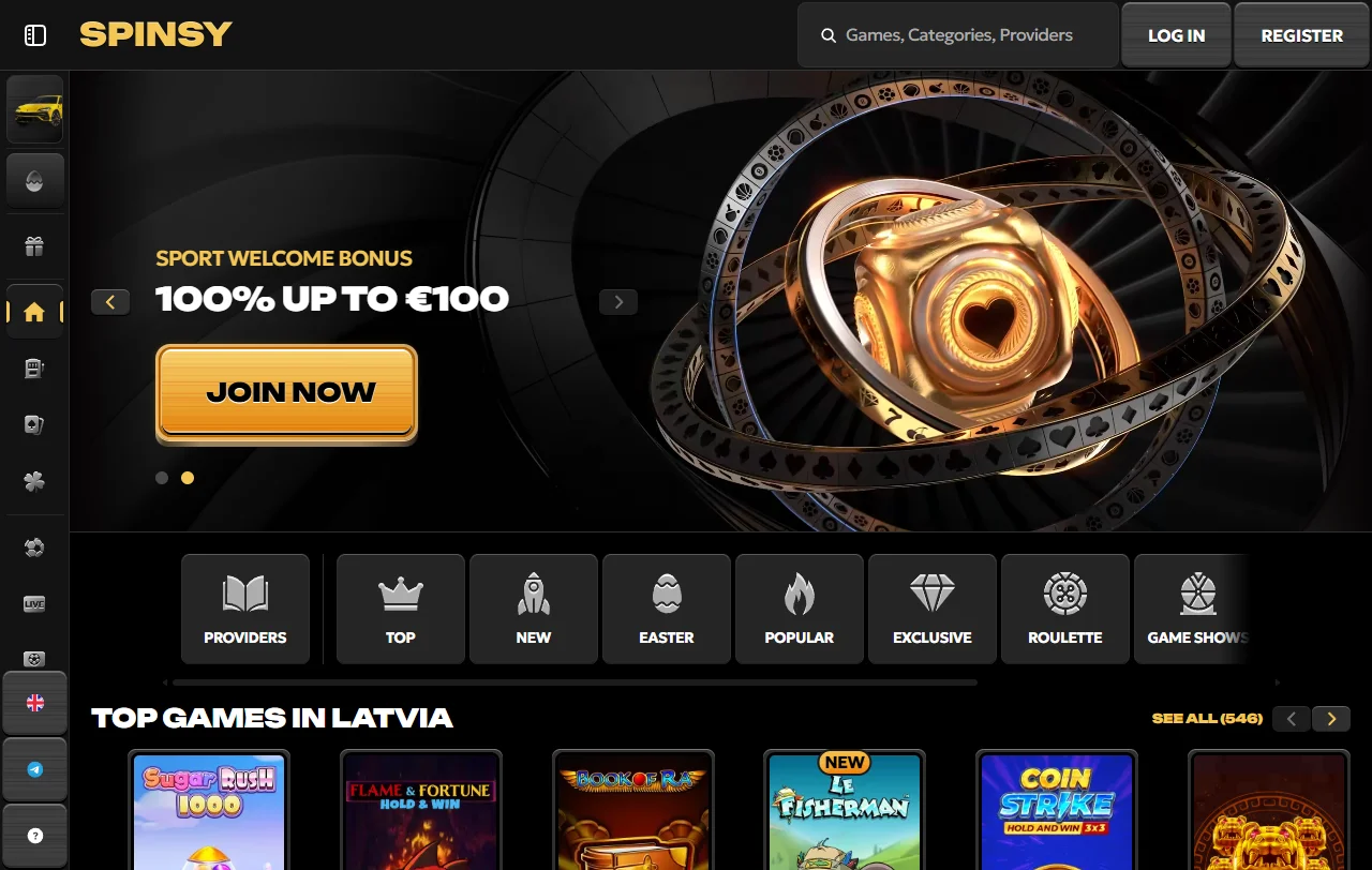 Spinsy Casino Startseite mit Überblick über Spielangebot, Aktionen und VIP-Bereich