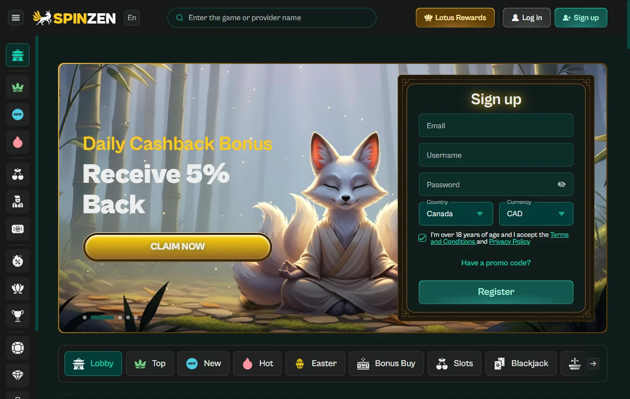 Spinzen Casino Startseite mit Überblick über Spielkategorien und Treueprogramm Lotus Rewards