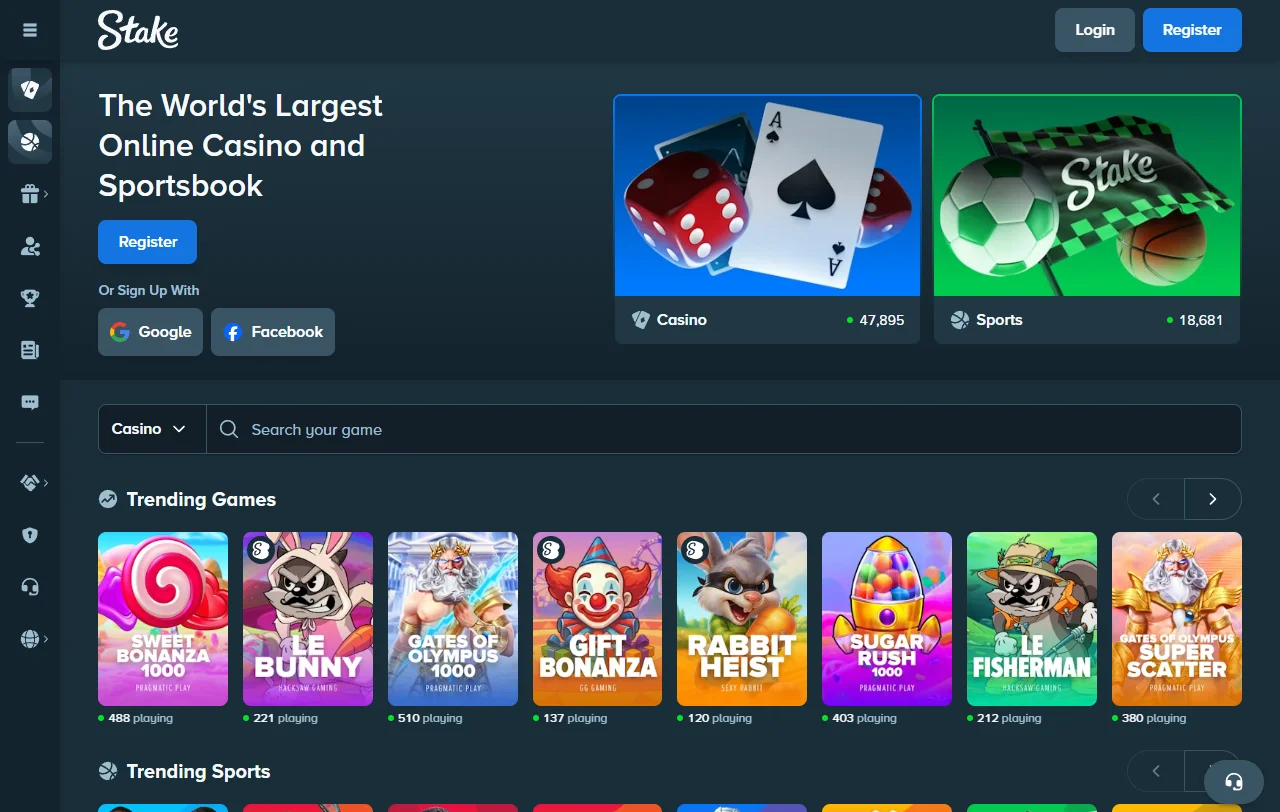 Startseite von Stake Casino mit Casino und Sportwetten in einem Konto