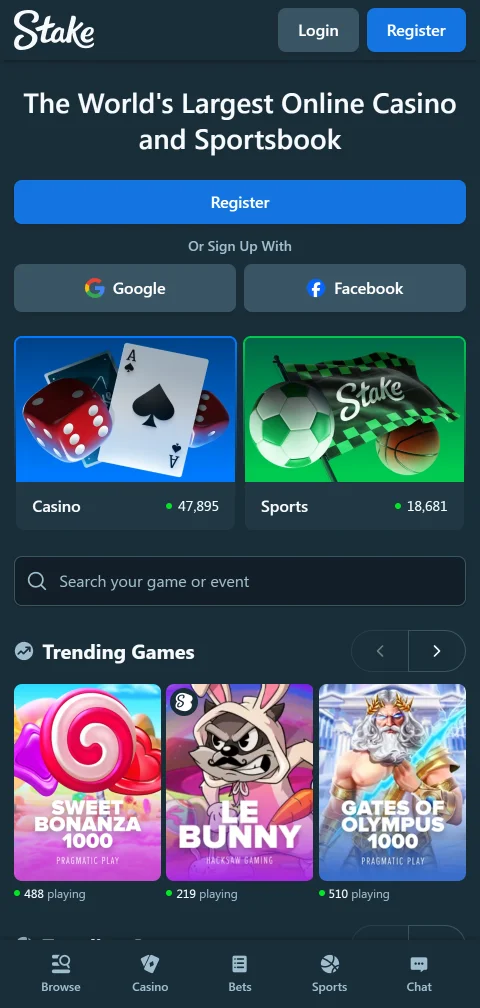 Mobile Browser-Version von Stake Casino mit Live-Wetten und Dezimalquoten