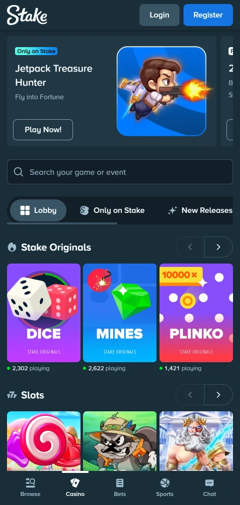 Kasse von Stake Casino mit Krypto-Einzahlung über Bitcoin und Tether
