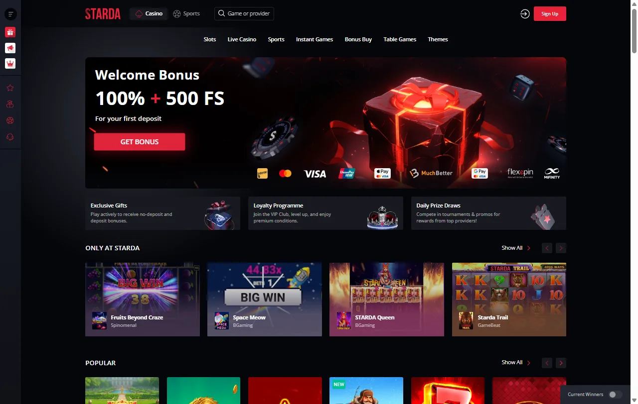 Starda Casino Startseite mit Überblick über Angebot und Kategorien