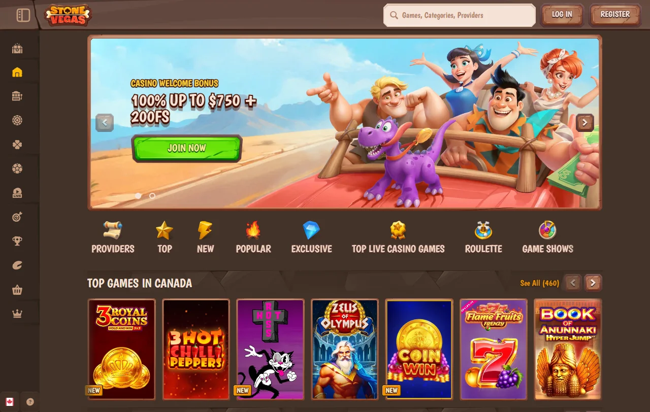 Startseite von StoneVegas Casino mit Lobby, Sportwetten und Bonusübersicht für Schweizer Konten