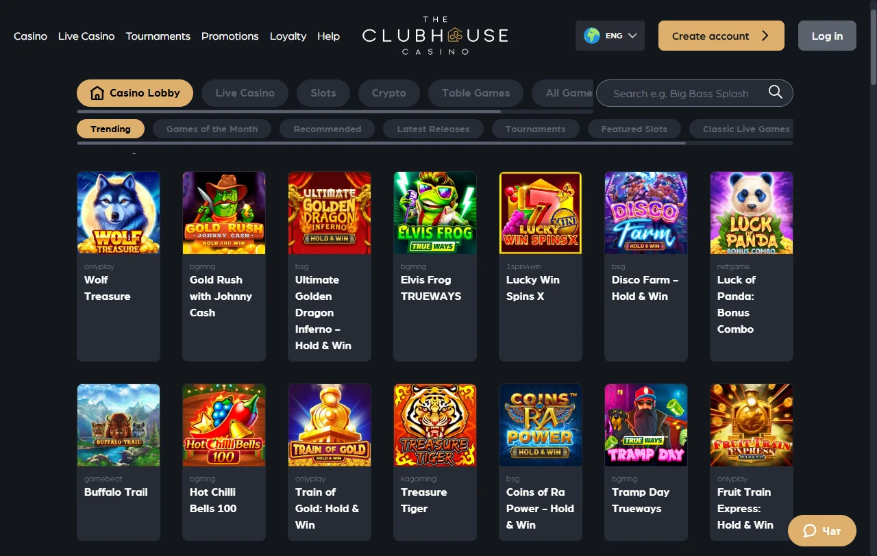 Spielekatalog von The Clubhouse Casino mit Slots von Pragmatic Play und NetEnt