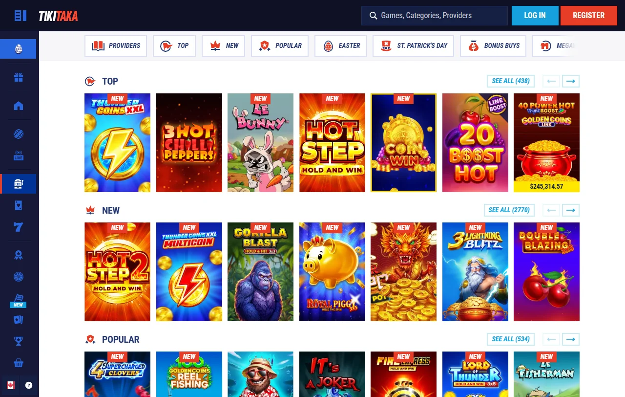 Spielebibliothek von TikiTaka Casino mit Slots von rund 140 Anbietern und Filtern