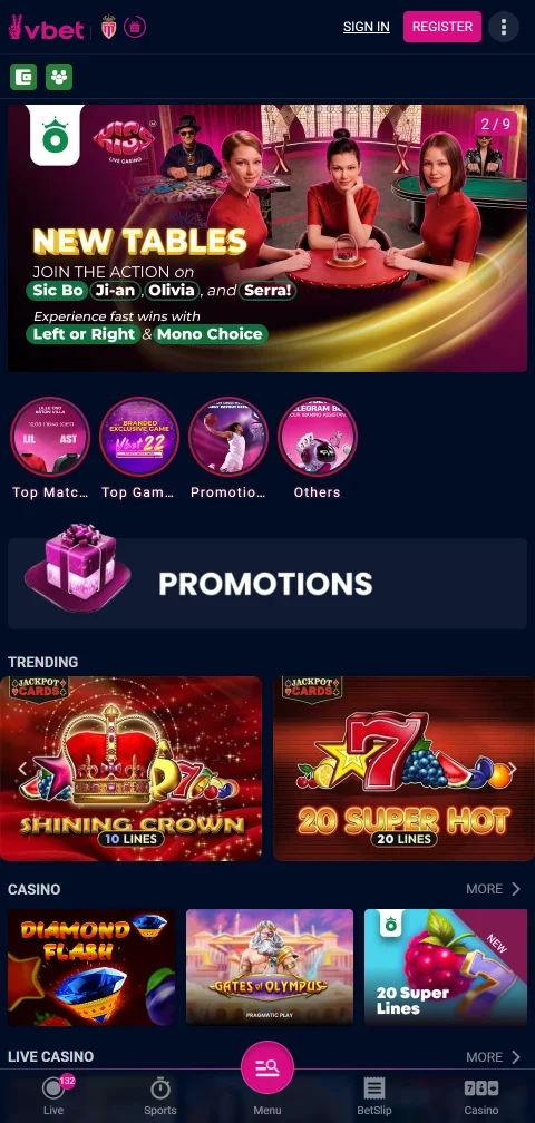 Vbet Casino auf dem Smartphone mit mobiler Website und Live-Wetten