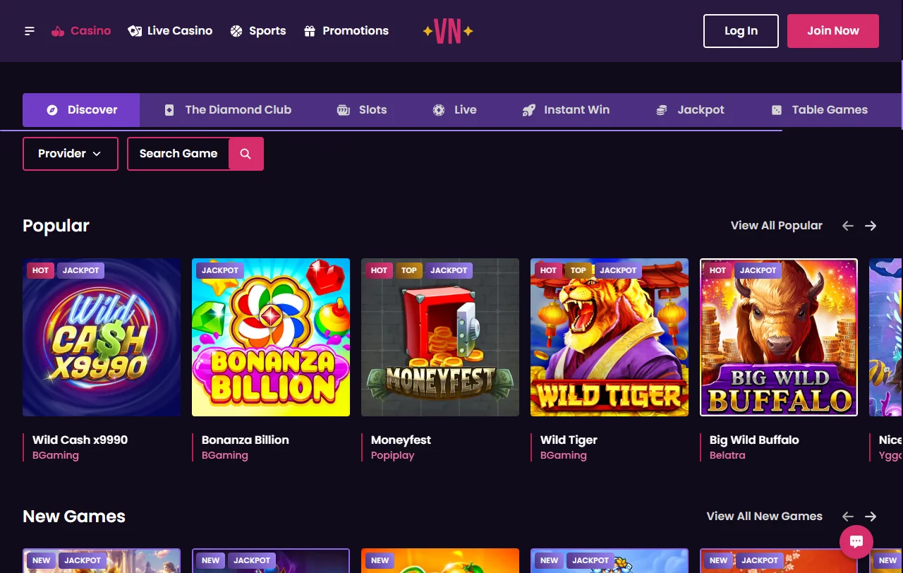 Spielangebot von VegasNow Casino mit Slots von Pragmatic Play und Hacksaw Gaming