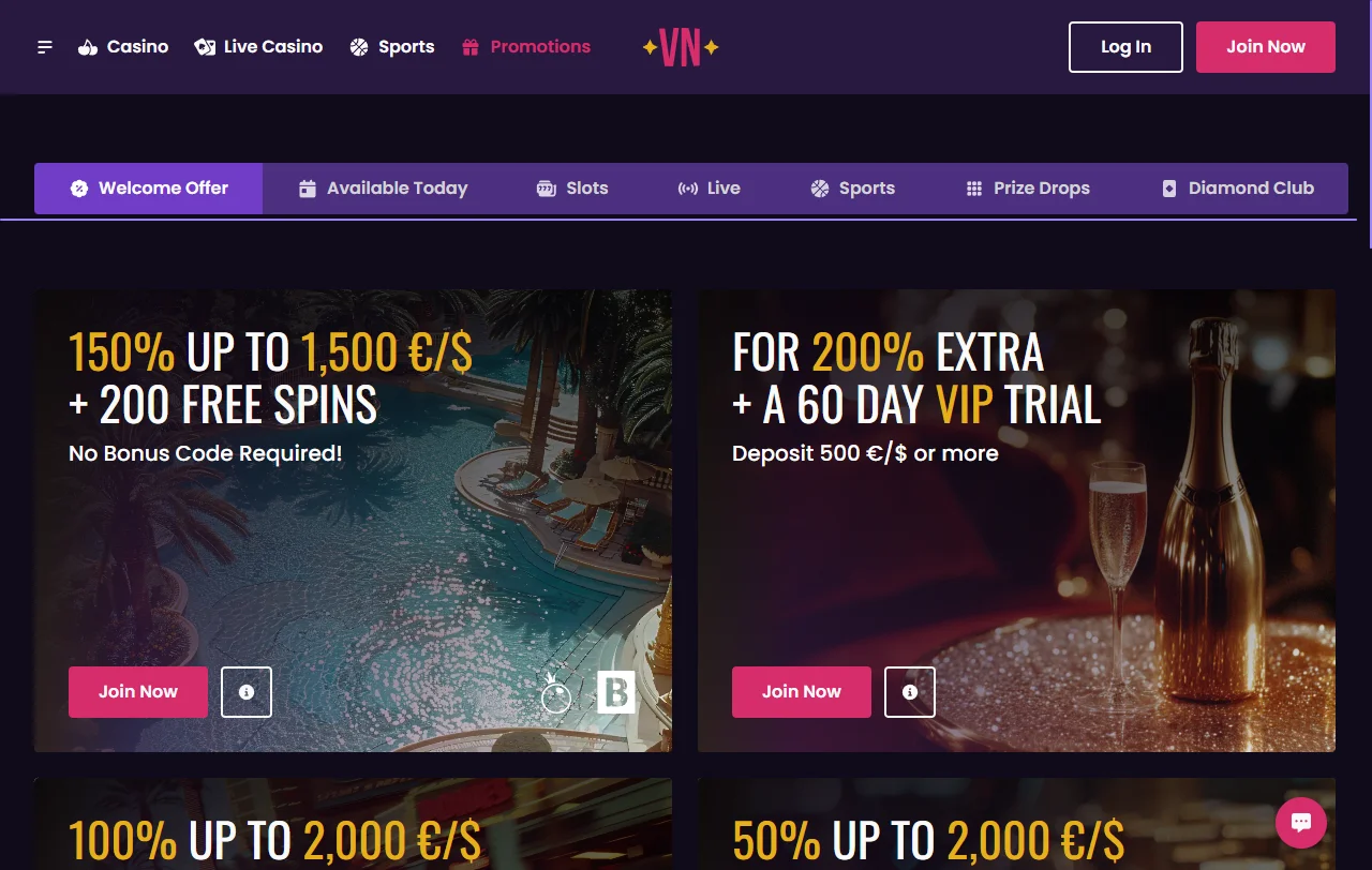 Willkommenspaket von VegasNow Casino über vier Einzahlungen mit 500 Free Spins