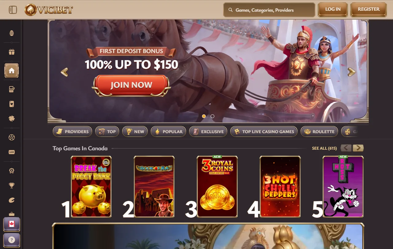 ViciBet Casino Startseite mit Überblick über Spielkategorien, Aktionen und Kontowährung CHF