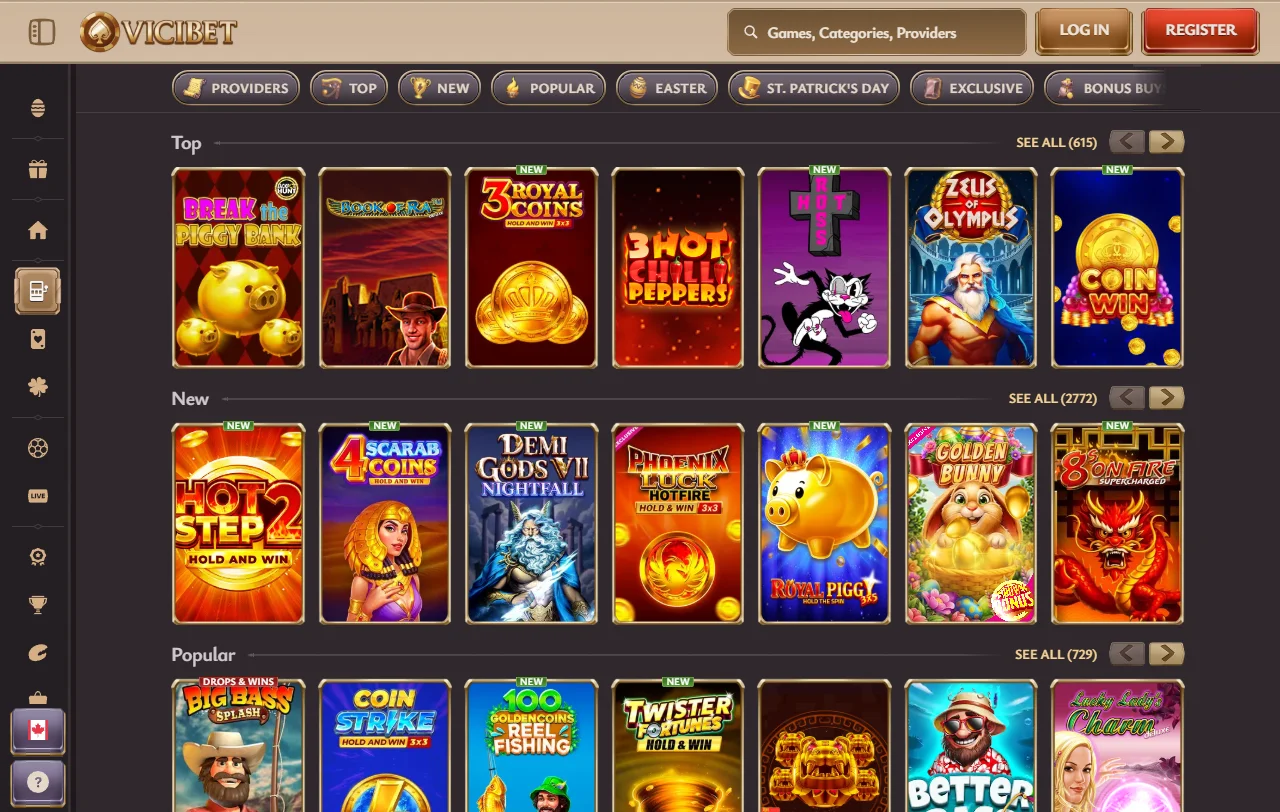 ViciBet Spielkatalog mit über 12