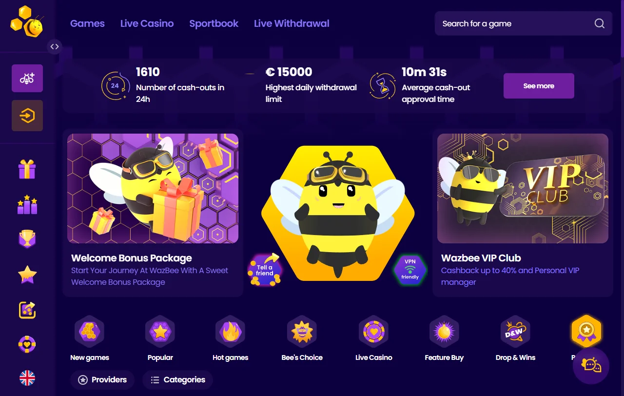 Startseite von Wazbee Casino mit Bienen-Design und Übersicht der Spielkategorien
