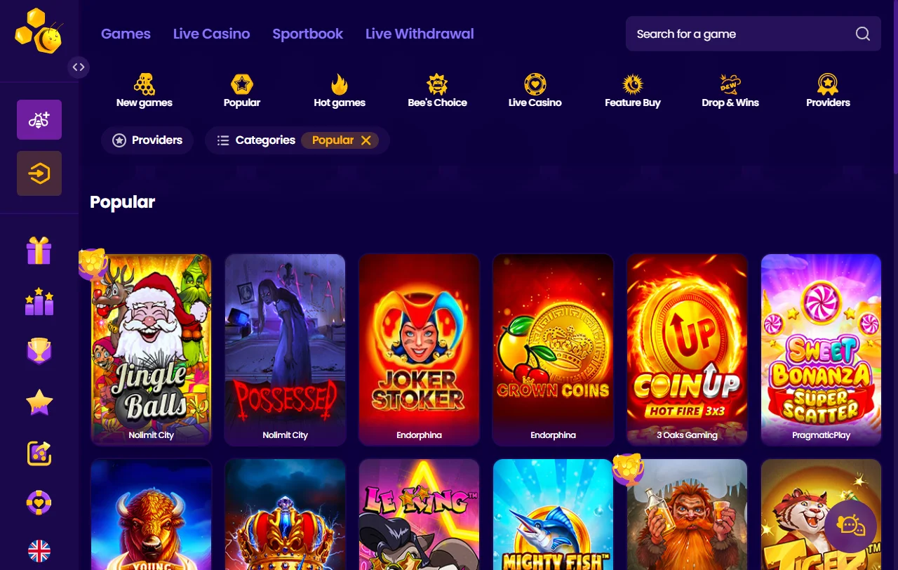 Spielauswahl von Wazbee Casino mit Slots von Pragmatic Play und Hacksaw Gaming