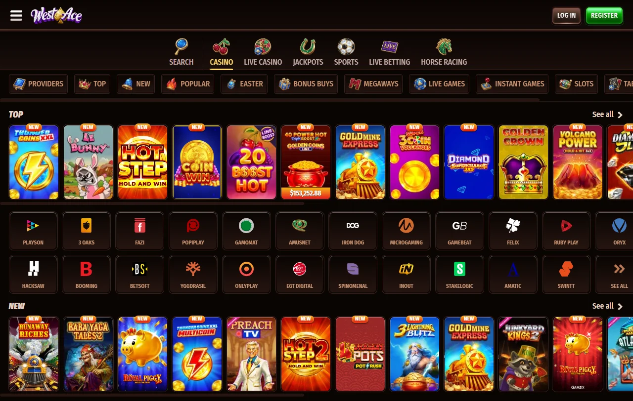 Westace Casino Startseite mit Casino, Sportwetten und Aktionen für Schweizer Spieler