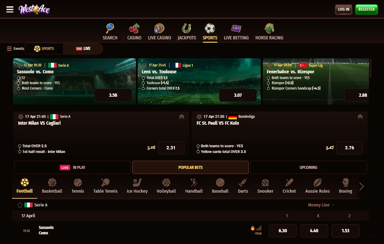 Spielauswahl bei Westace Casino mit Slots von Pragmatic Play und Play