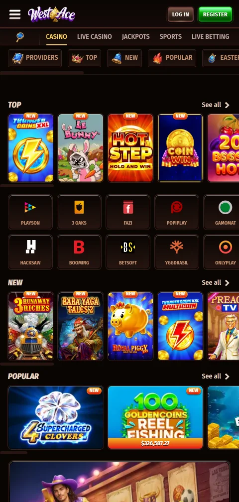 Westace Casino im mobilen Browser mit Verknüpfung auf dem Startbildschirm
