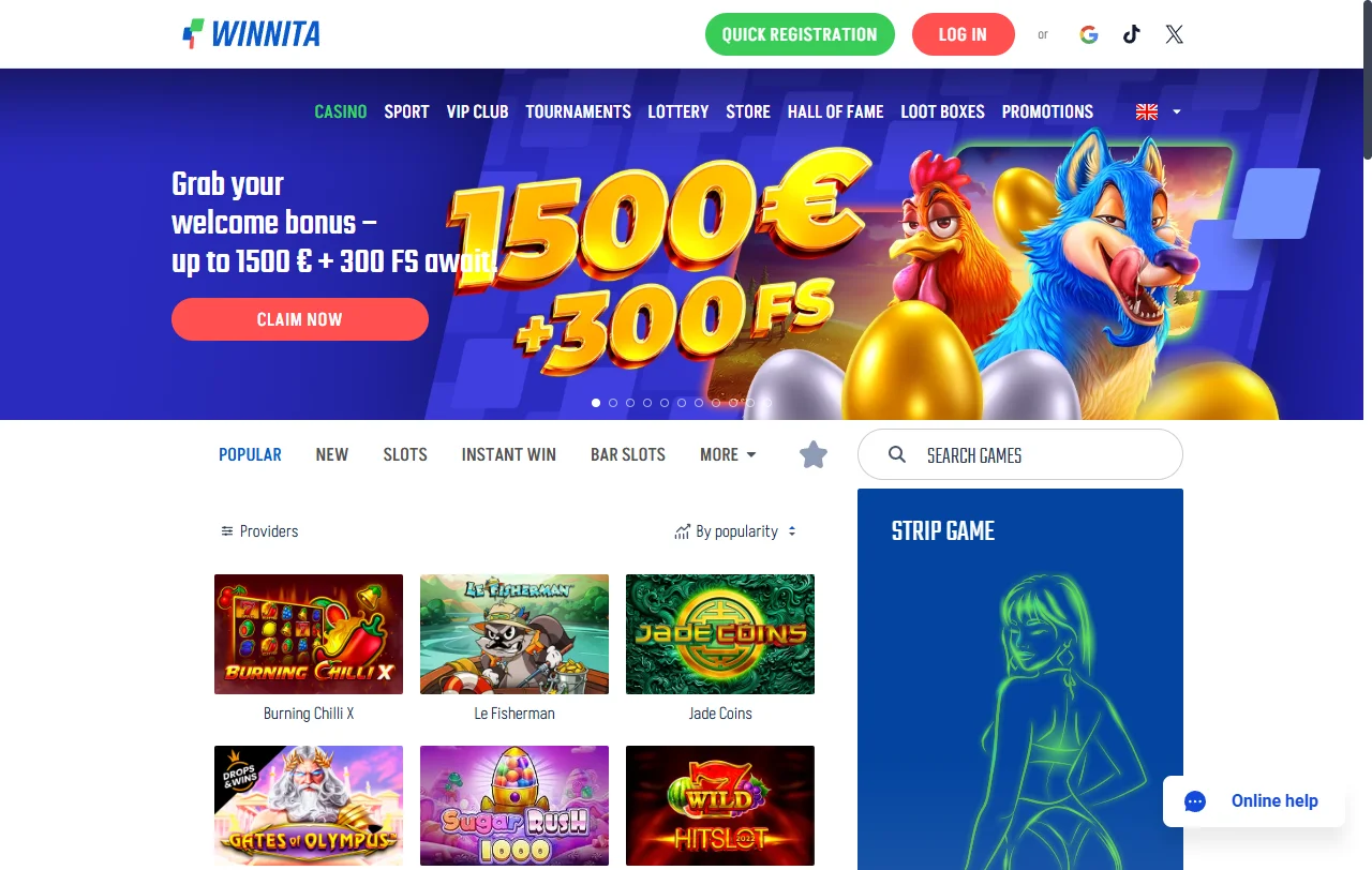 Startseite von Winnita Casino mit Spielen, Sportwetten und Kontobereich im Überblick