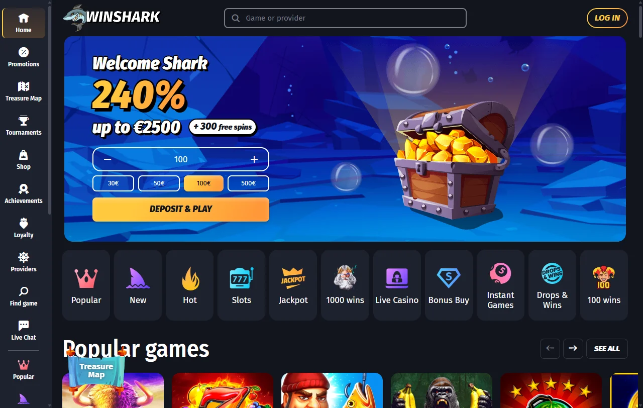 Startseite von Winshark Casino mit Überblick über das Angebot für Schweizer Spieler