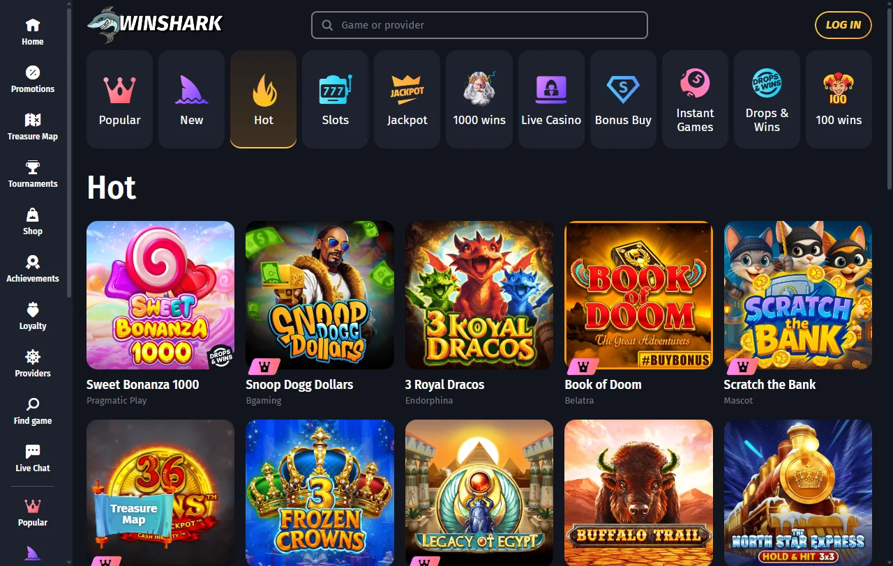 Willkommenspaket von Winshark Casino mit drei Einzahlungsstufen und Freispielen