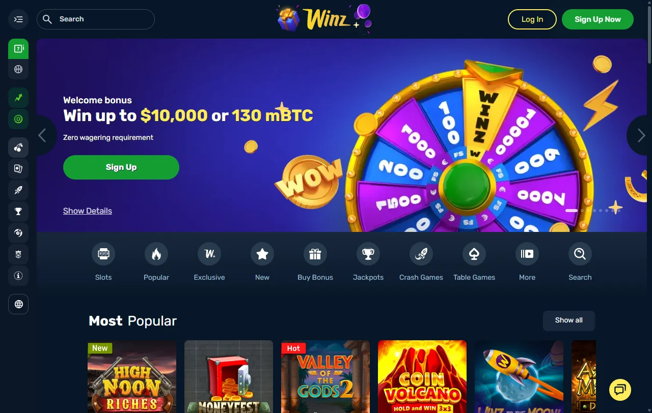 Winz Casino Startseite mit Übersicht über Lobby, Promotions und Sportwetten