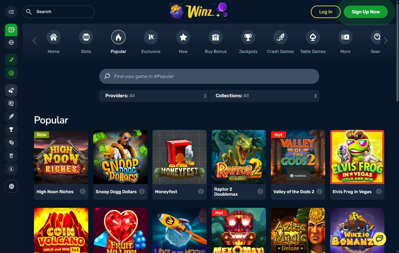 Spielauswahl bei Winz mit Slots von Pragmatic Play und BGaming