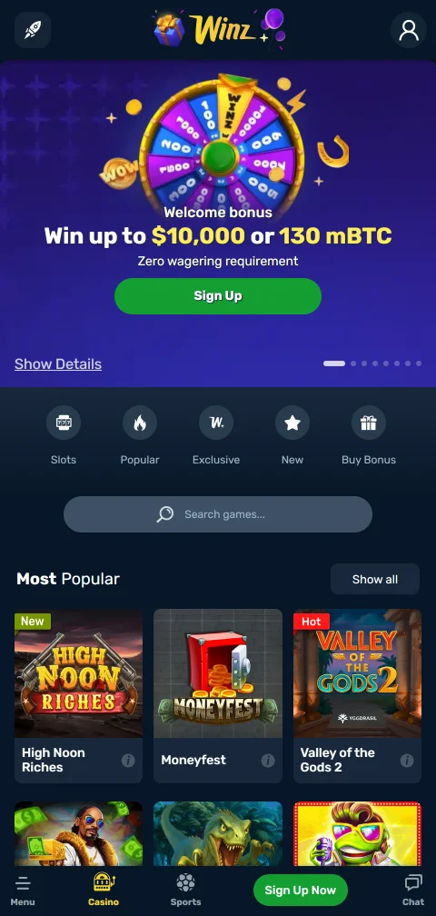 Winz im mobilen Browser mit Lobby und Live-Casino-Rubriken auf dem Smartphone