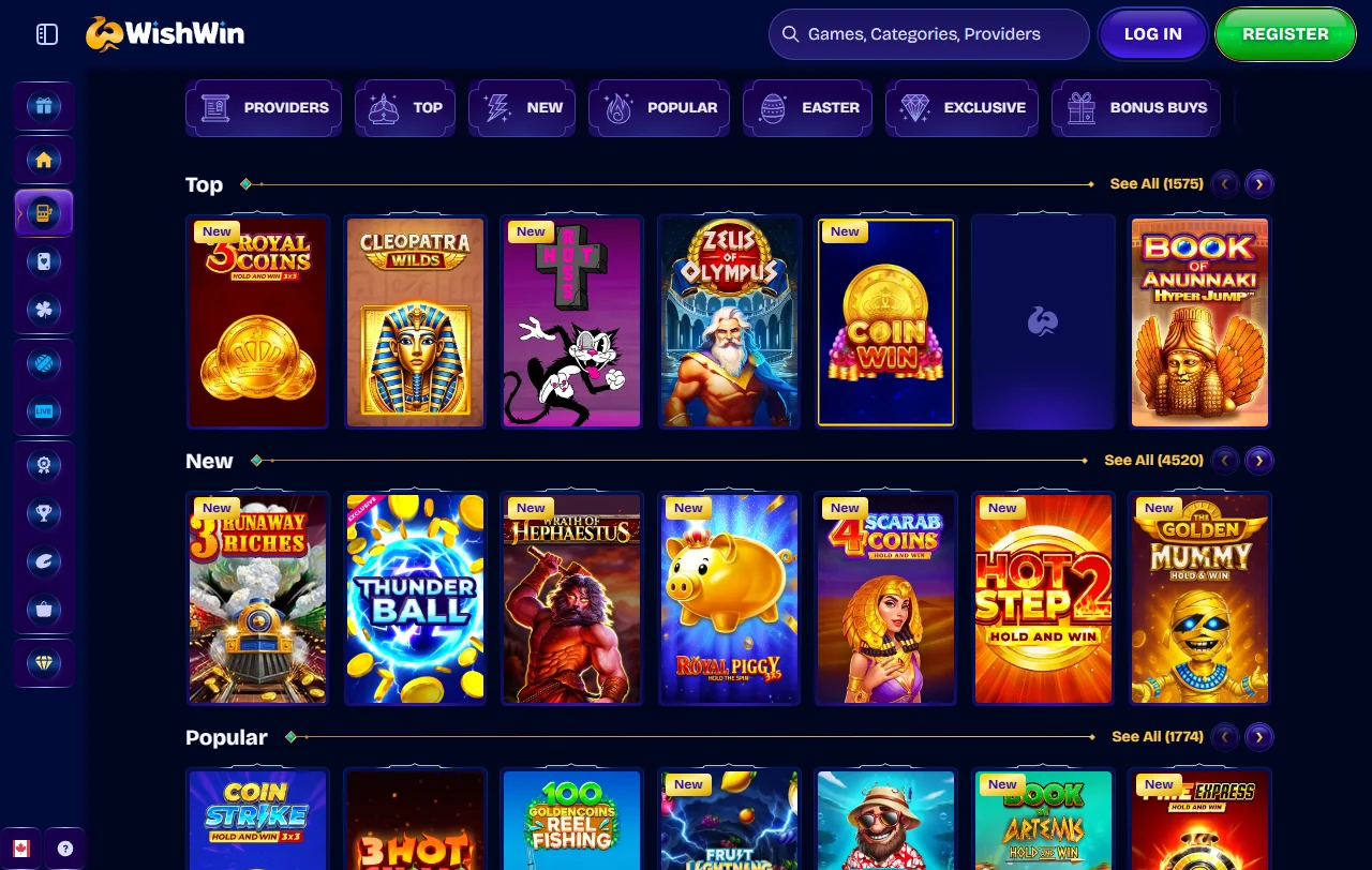 Wishwin Casino Spielauswahl mit Slots von Pragmatic Play und Hacksaw Gaming