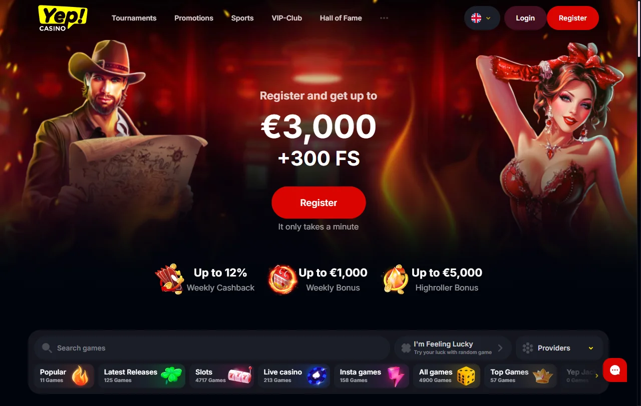 YEP Casino Startseite mit Überblick über Casino, Sportwetten und Konto