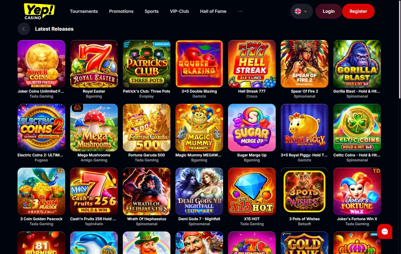Willkommenspaket von YEP Casino mit drei Einzahlungsstufen und 300 Free Spins