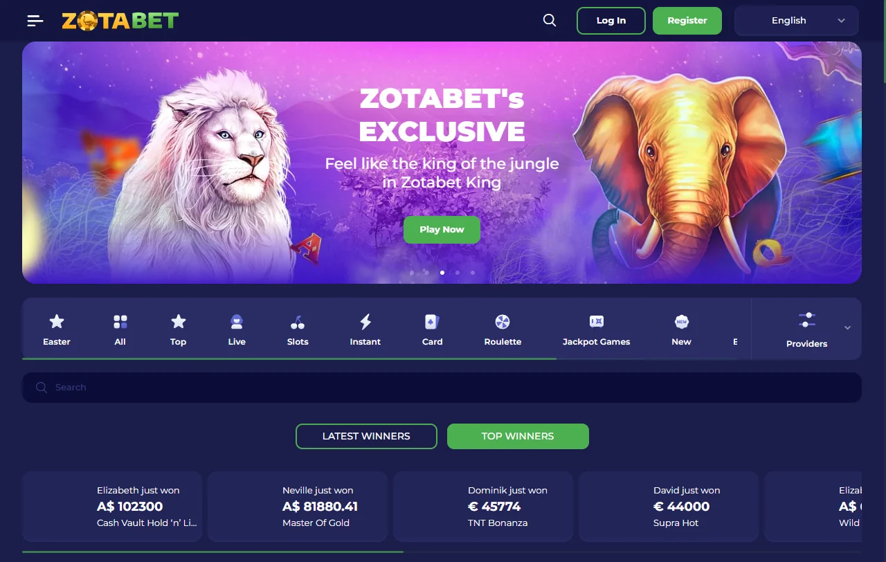 ZotaBet Casino Startseite mit Überblick über Casino-Lobby und Sportwetten